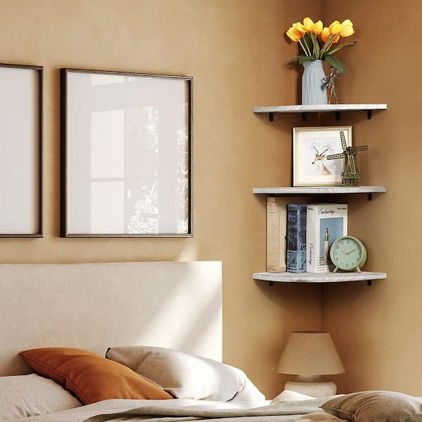 Oumilen Set of 3 Floating Corner Shelves White Wall Mounted Wood