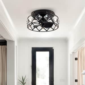 12.2 in. Indoor 3-Light Modern Black Caged Crystal Flush Mount Ceiling Fan with Light and Remote Control