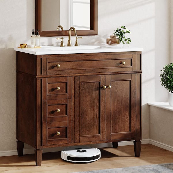 36 in. Single Sink Freestanding Brown Bath Vanity with White Ceramic Top Unassembled