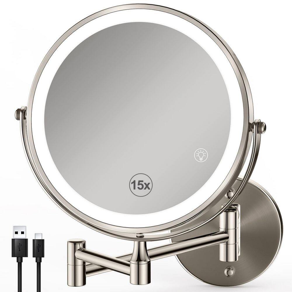8.5 in. W x 8.5 in. H Round LED Wall Mount Bathroom Makeup Mirror with 3 Adjustable LED, 1X/15X Magnifing-Brushed Nickel price history on PriceWatchPro