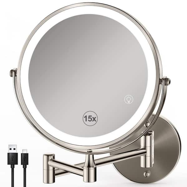 8.5 in. W x 8.5 in. H Round LED Wall Mount Bathroom Makeup Mirror with 3 Adjustable LED, 1X/15X Magnifing-Brushed Nickel