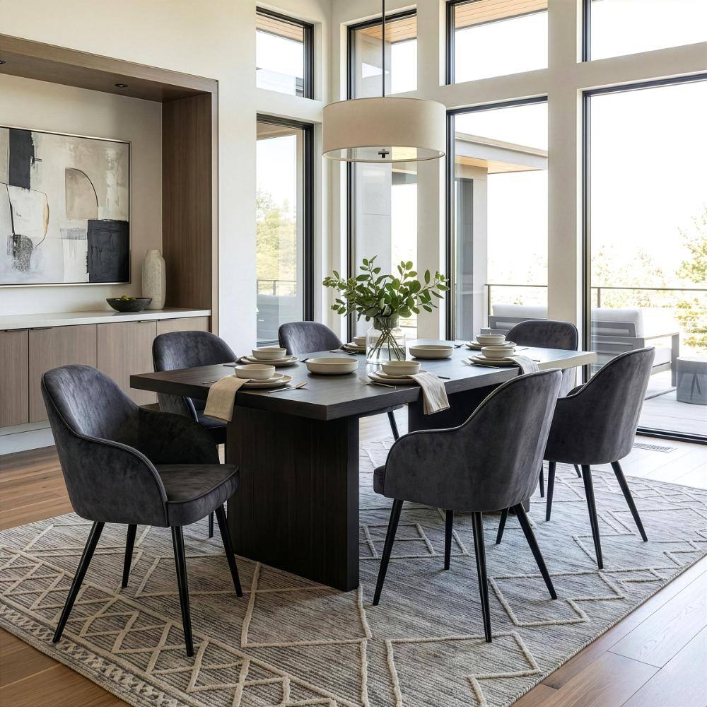 Set of gray velvet dining chairs around a wooden table in a modern dining room.