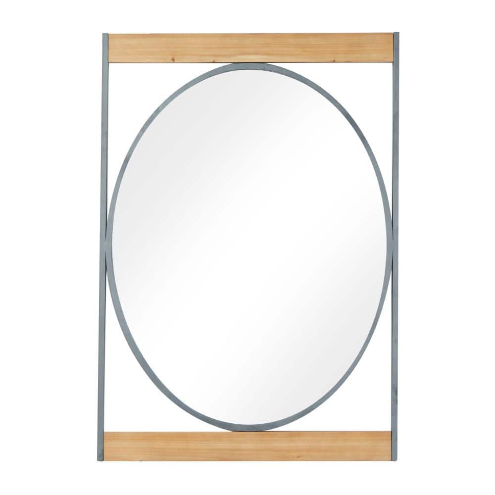 Geometric Oval Pine Wood and Metal Wall Mirror