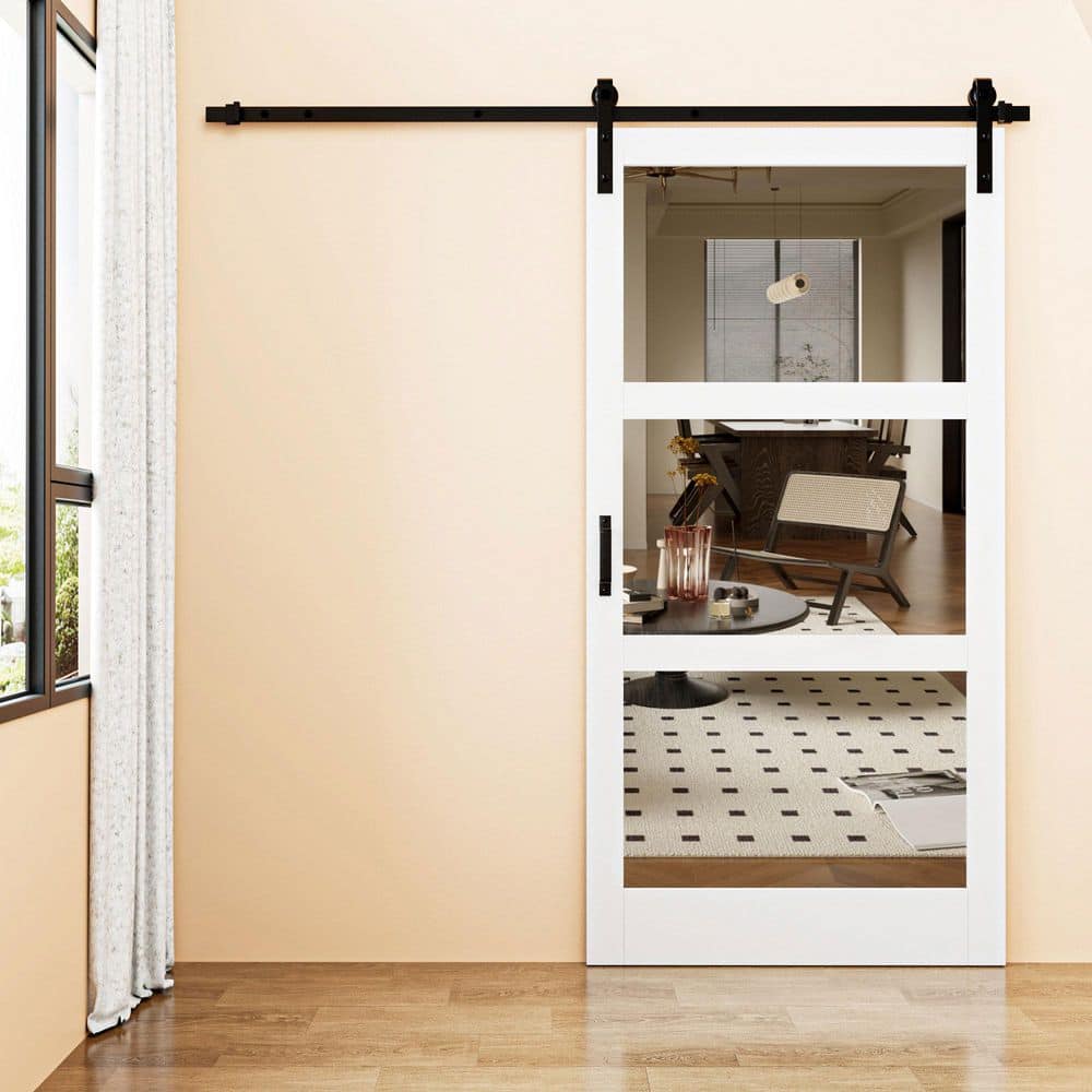 White 42" x 84" 3-Lite Mirrored MDF Barn Door
