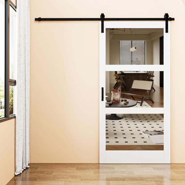 42 in. x 84 in. 3-Lite Mirrored Glass White Finished Solid Core MDF Barn Door Slab with Barn Door Hardware Kit