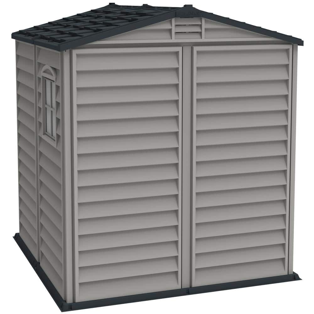 Gray Vinyl Resin Storage Shed with Shelving and Windows