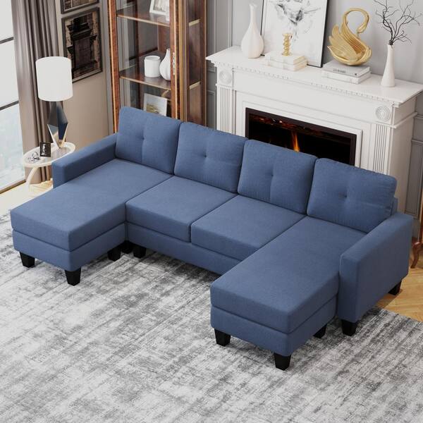 Harper & Bright Designs 96.8 in. Square Arm U-Shape Linen Sectional Sofa in Blue with Ottomans (4 Installation Options)