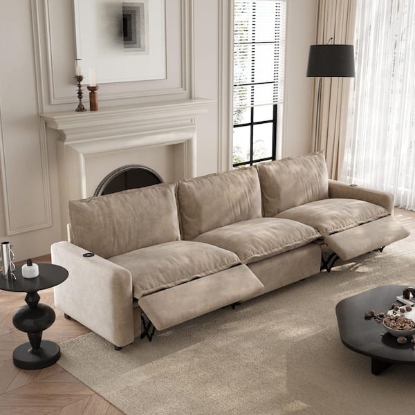 Power Recliner Couch, 116 in.Square Arm 3-Piece Linen Rectangle Modular Sectional Sofa with Adjustable Heating in Khaki