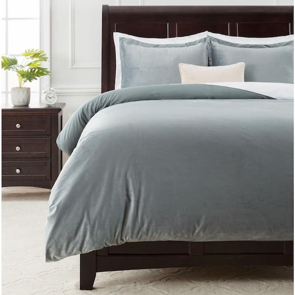 Chanasya Velour Gray Blue Solid Color Velvet Bedding Reversible Microfiber Duvet Cover Set, King