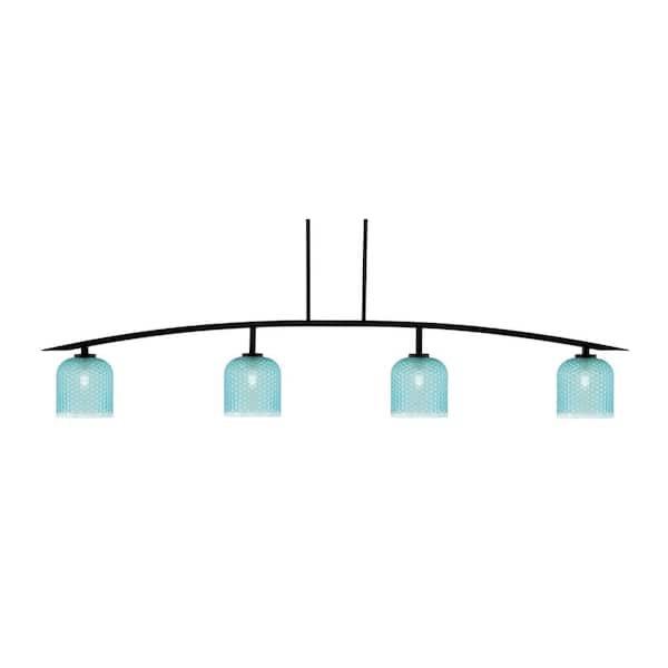 Unbranded Siena 4-Light Matte Black Billiard Light with 7 in. Turquoise Textured Glass Shades, no bulbs included
