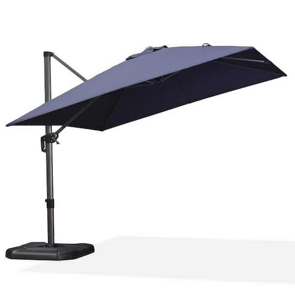 PURPLE LEAF 10 ft. Square Aluminum Outdoor Patio Cantilever Umbrella 360-Degree Rotation Umbrella with Base in Ground, Navy Blue