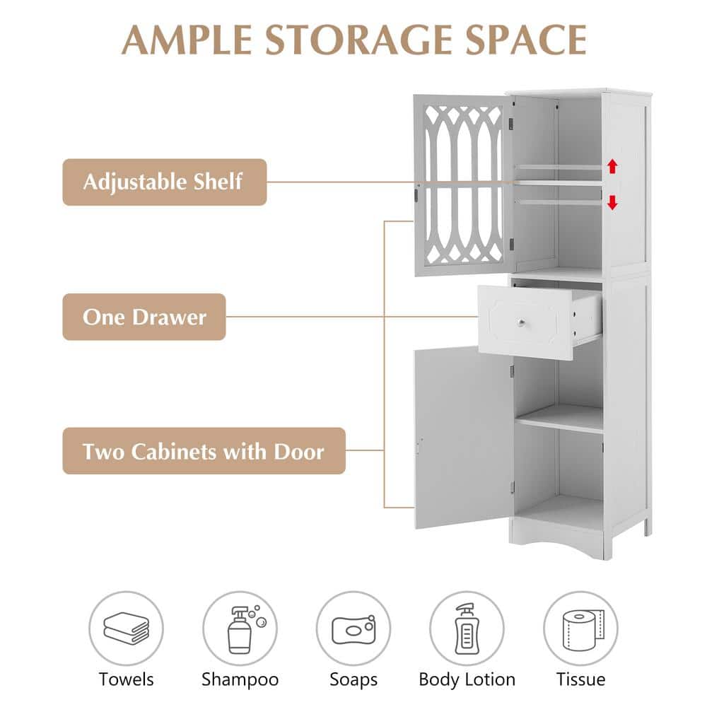 Tall White MDF Freestanding Cabinet with Adjustable Shelving and Drawer