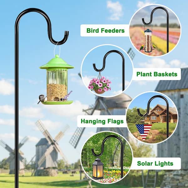 Augbeer 72 in. Metal Adjustable Shepherds Hooks with 7 Base Prongs for Bird Feeders, Light Lantern, Plant Hanger, Black (2-Pack)