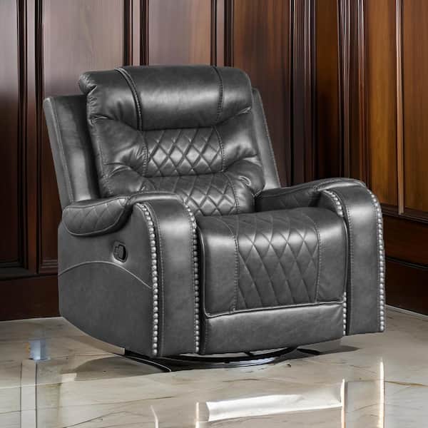 Benjara Gray Faux Leather Manual Swivel Glider Recliner