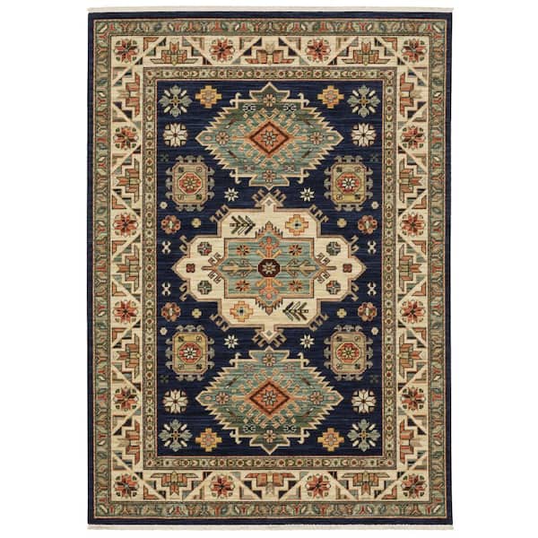Lillian Navy/Multi Doormat 3 ft. x 5 ft. Southwest Tribal Medallion Wool/Nylon Blend Fringed-Edge Indoor Area Rug