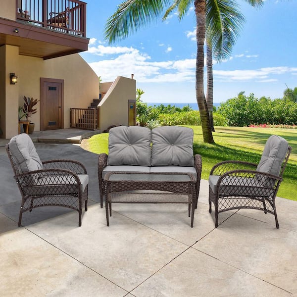 Tunearary Modern 4-Pieces Wicker Steel Outdoor Furniture Patio Conversation Set with Gray Cushion Rectangular Glass Table
