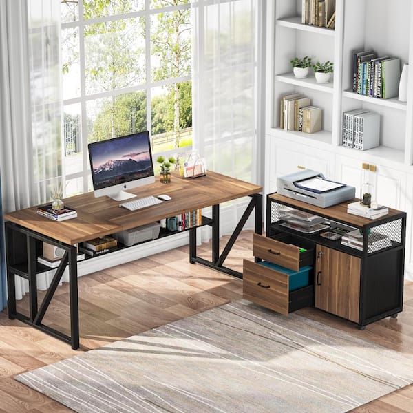 BYBLIGHT Lanita 62.9 in. L Shaped Desk Brown and Black Engineered