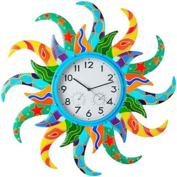 Phewnyzo 25in Blue Sun Outdoor Clock with Thermometer and Humidity Gauge