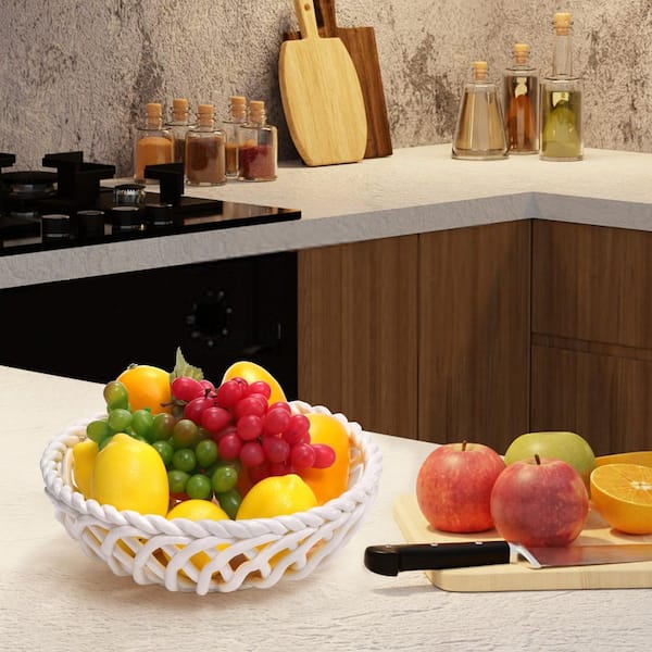 1 Piece 9.7 in. White Ceramic Fruit Bowl with Holes, Fruit Vegetable Holder Serving Bowl for Kitchen Table Countertop