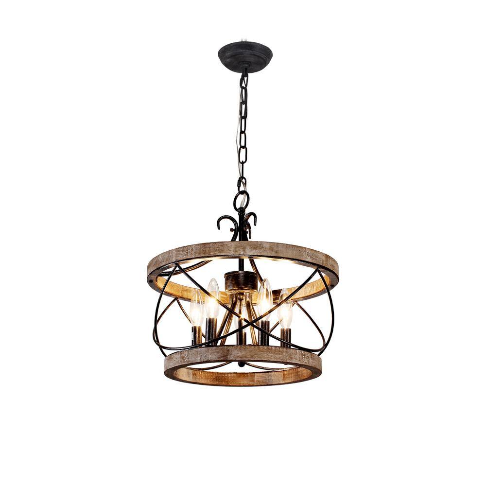 15.7" Weathered Wood Drum Farmhouse Chandelier with Adjustable Chain