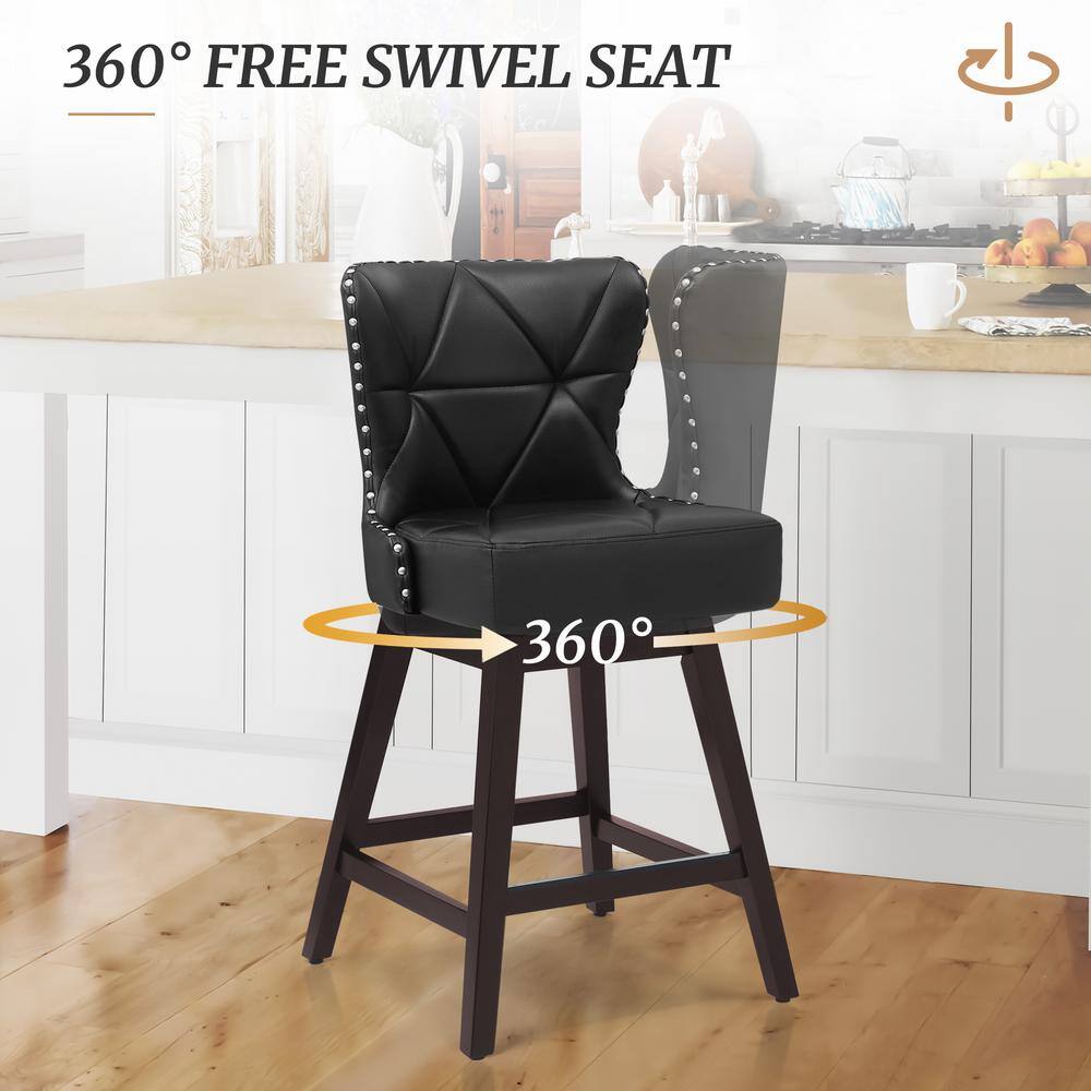 Black Faux Leather Swivel Counter Stools with Wood Frame, Set of 3