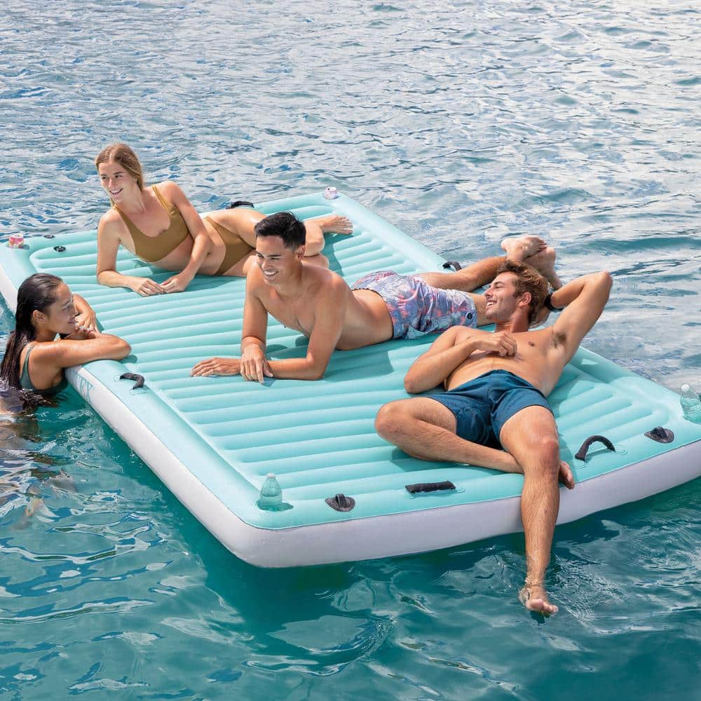 Teal and White Inflatable Floating Water Lounge with Cup Holders