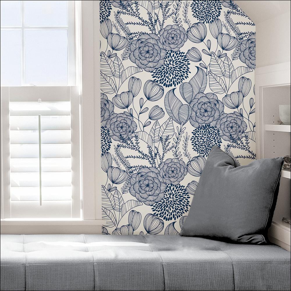 Navy Floral Garden Peel and Stick Wallpaper, Self-Adhesive Vinyl
