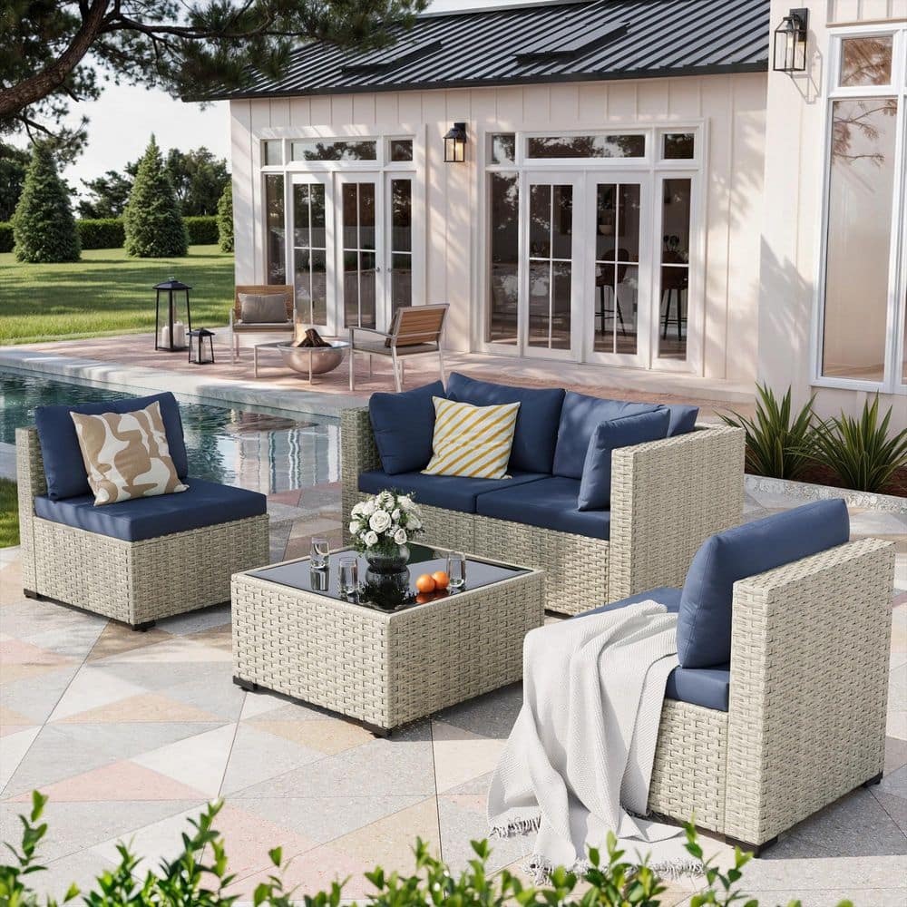 5 Pieces Gray Wicker Patio Conversation Set with Navy Cushions price history on PriceWatchPro