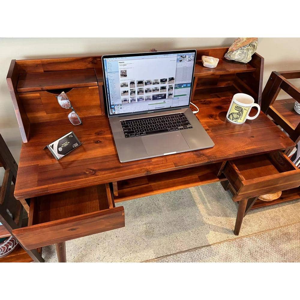 Mahogany Acacia Wood Desk with Charging Station and Drawers