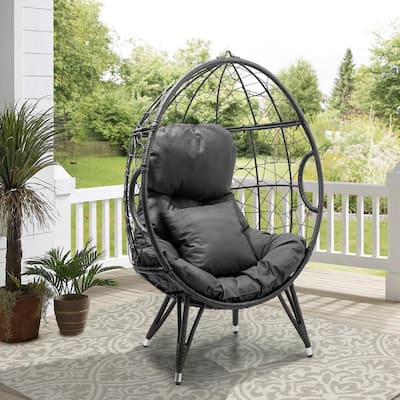 Gray Teardrop Wicker Outdoor Lounge Chair with Gray Cushion