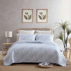 Distressed Water Leaves 3-Piece Blue Cotton Full/Queen Quilt Set