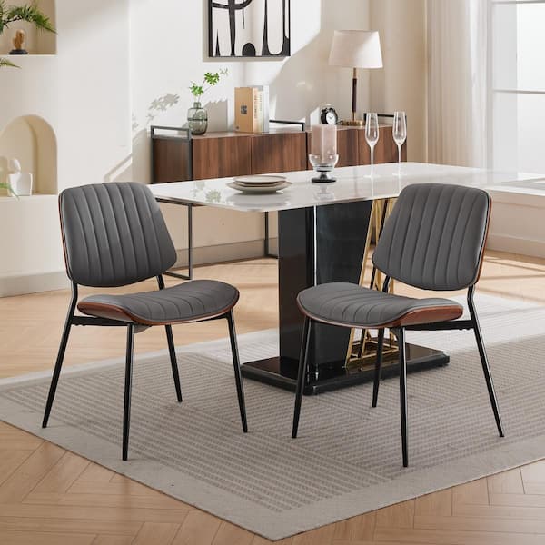 Noble House Nook Gray Modern PU Leather Upholstered Dining Chairs, Metal Tapered Legs, Set of 2