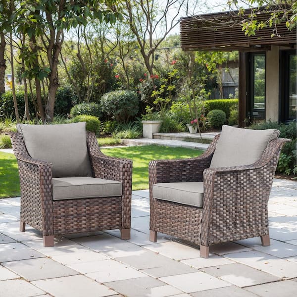 5-Piece Brown Wicker Patio Conversation Set with Gray Olefin Cushions and 4 in. Wide Armrest/Lounge Chairs