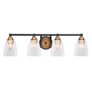 Madison 7 in. 4-Light Bath Bar, Matte Black and Brass, Square Clear Bubble Glass Vanity-Light