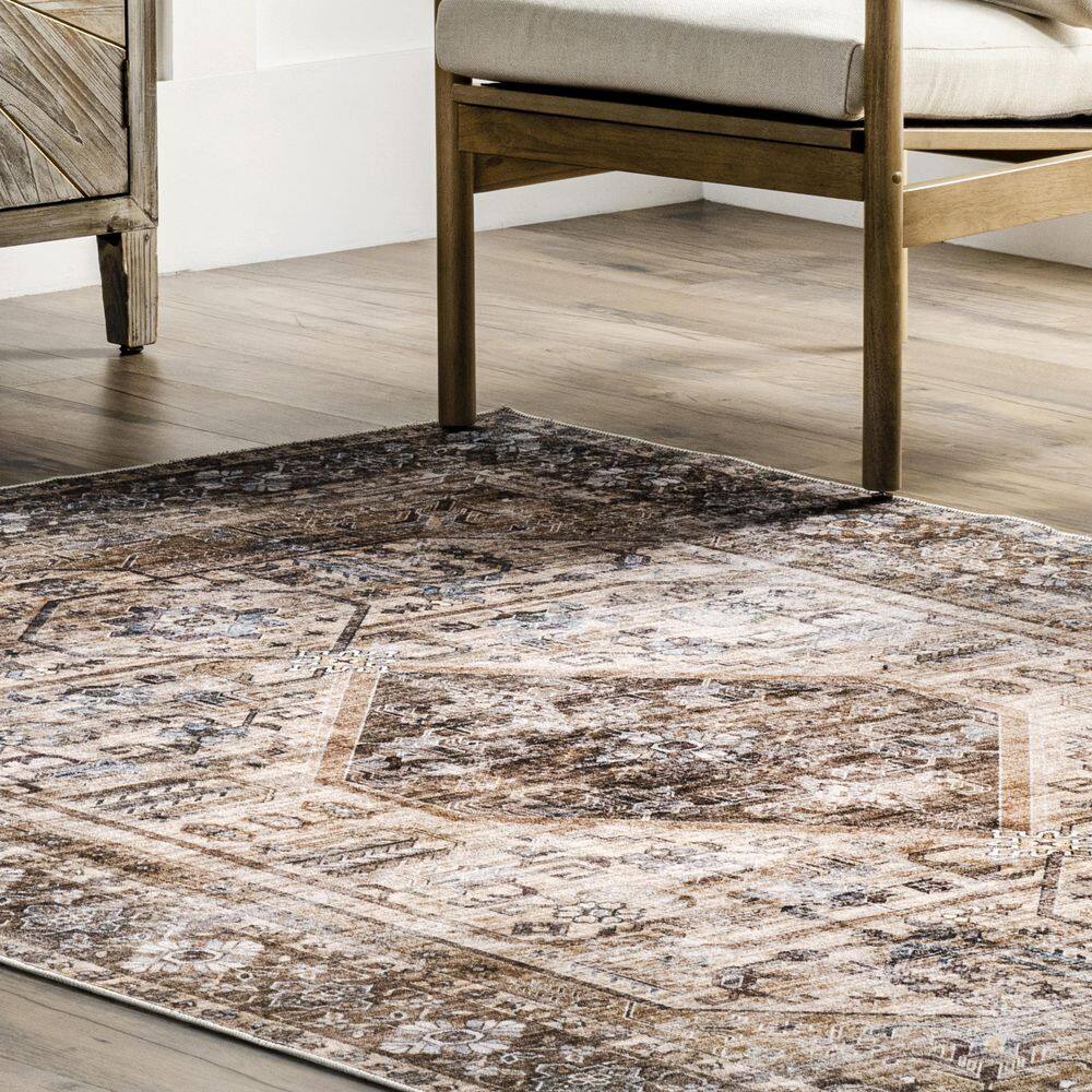 Devin Light Brown Synthetic Medallion 6' x 9' Washable Area Rug