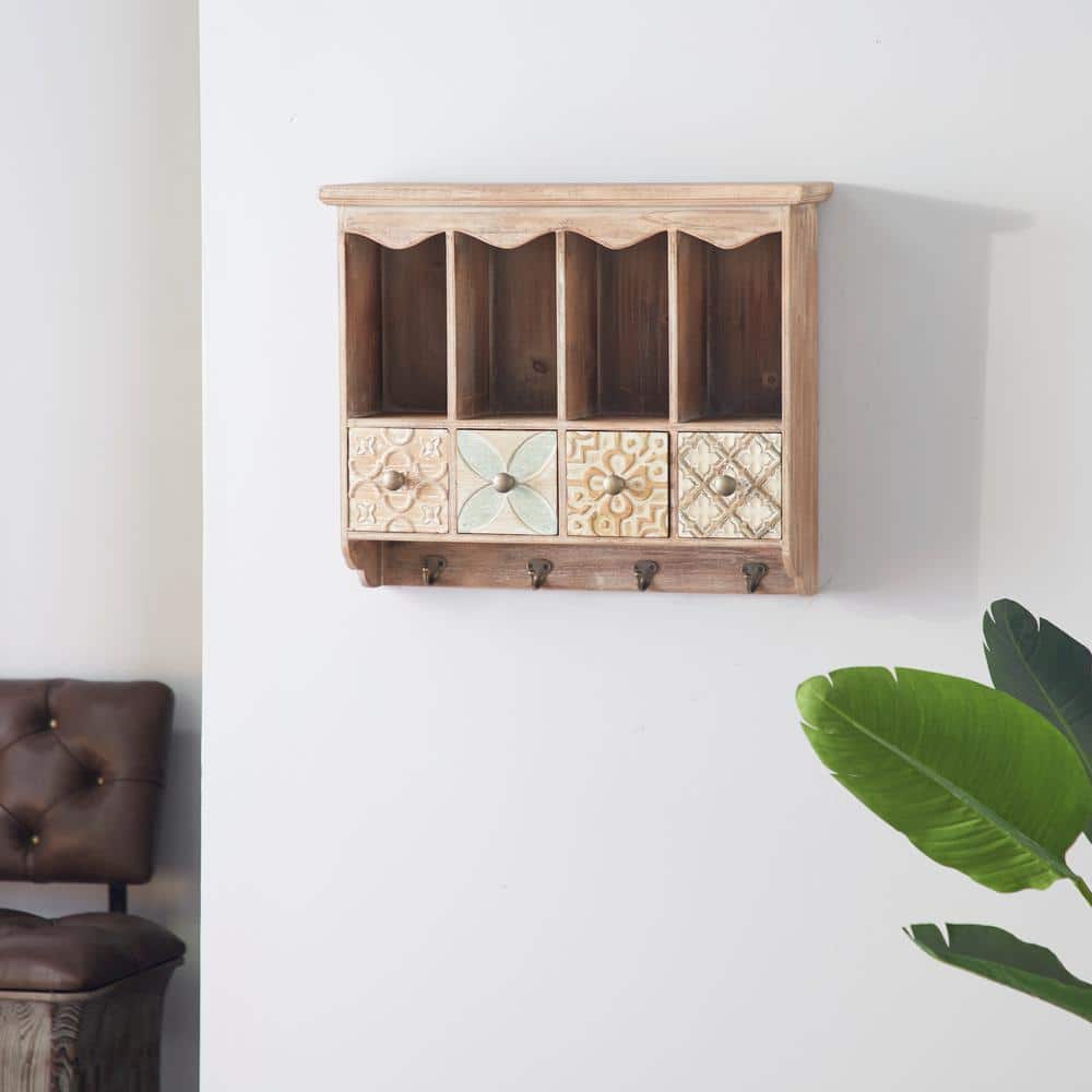 Brown Wooden Wall Shelf with Drawers and Hooks