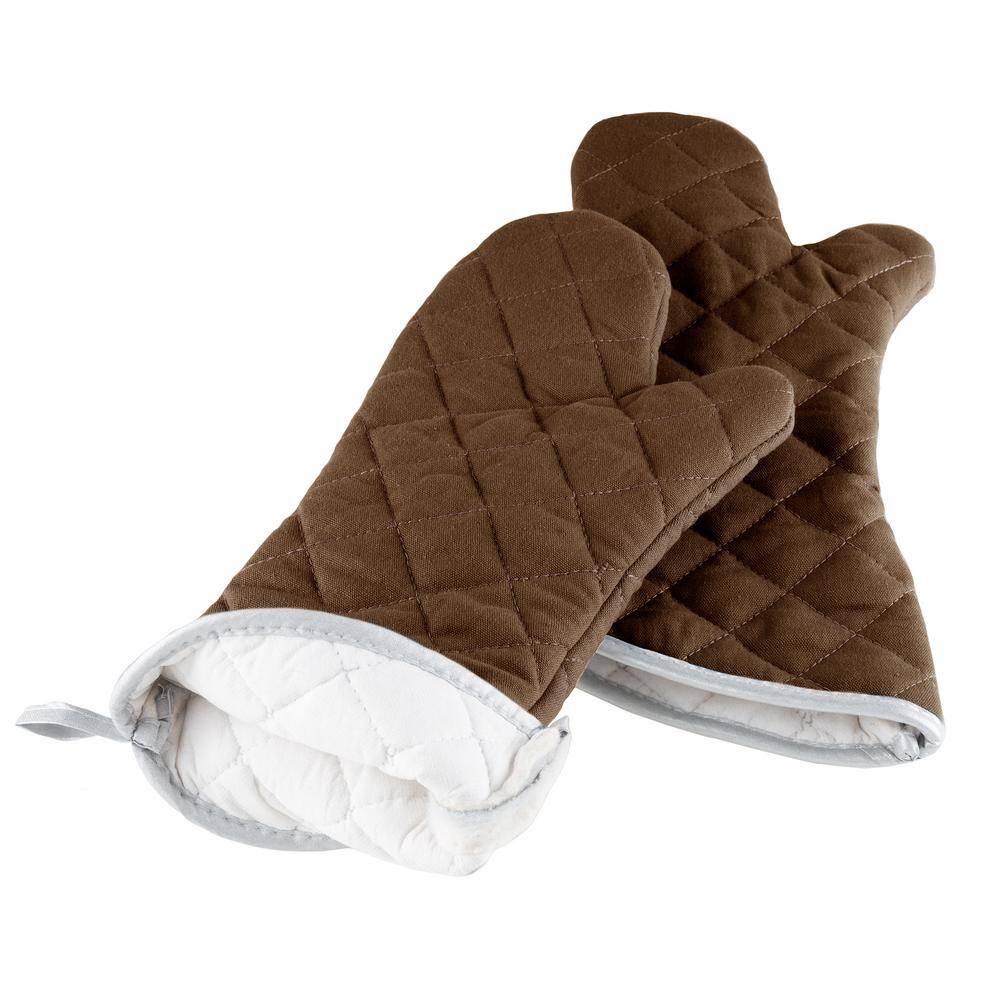 Extra Long Brown Cotton Quilted Oven Mitts Set