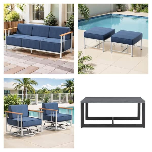 3-Seat Metal Sofa, White Ottoman (2-Pack), Rocking Chair (2-Pack) with Blue Cushions and 48 in. Coffee Table Combo