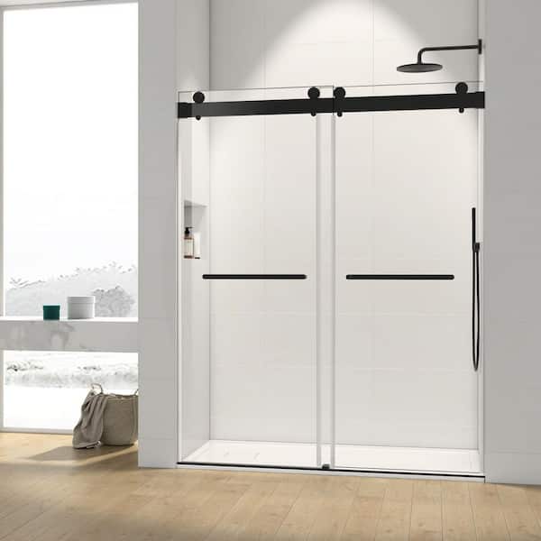 Satico 60 in. W x 76 in. H Double Sliding Frameless Shower Door/Enclosure in Matte Black Finish with Clear Glass