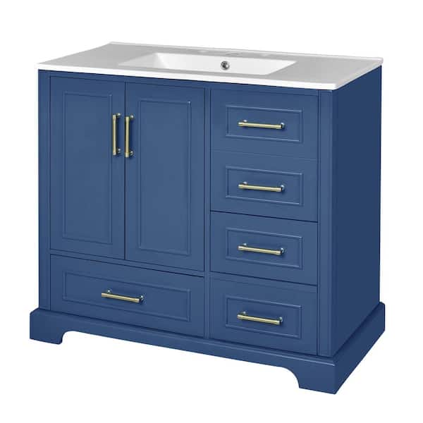 36 in. W x 18 in. D x 34 in. H Single Sink Freestanding Bath Vanity in Blue with White Resin Top
