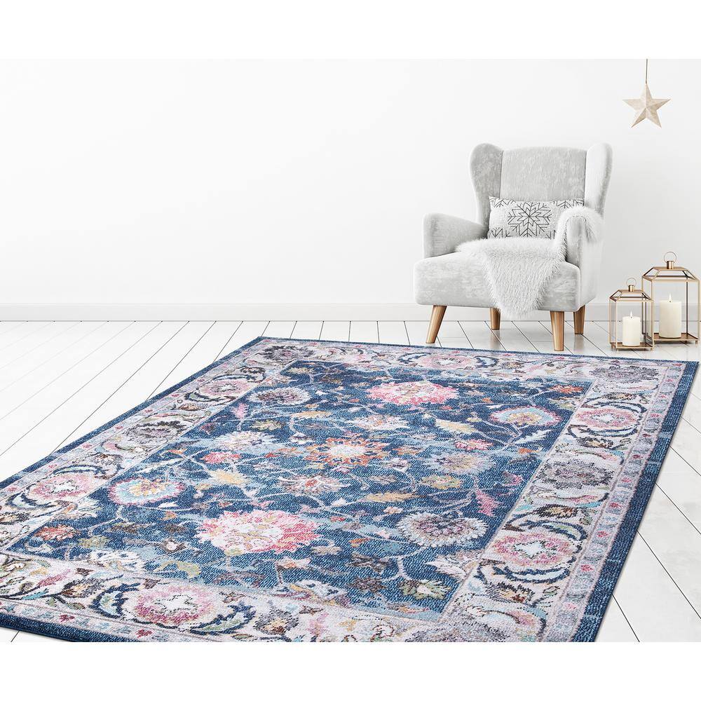 Vintage Navy Blue Polypropylene Border Runner Rug, 2' x 7'