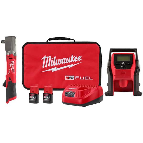 M12 FUEL 12V Lithium-Ion Brushless Cordless 1/2 in. Right Angle Impact Wrench Kit with Two 2.0 Ah Batteries & Inflator