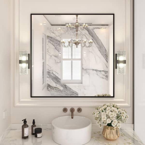 36 in. W x 36 in. H Square Framed French Cleat Wall Mounted Tempered Glass Bathroom Vanity Mirror in Matte Black