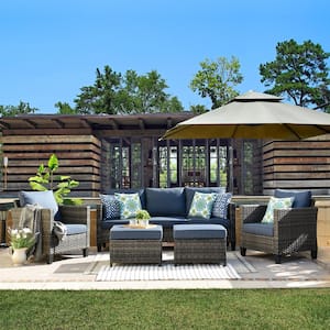 Positano Gray 5-Piece Wicker Outdoor Patio Conversation Seating Set with Blue Cushions