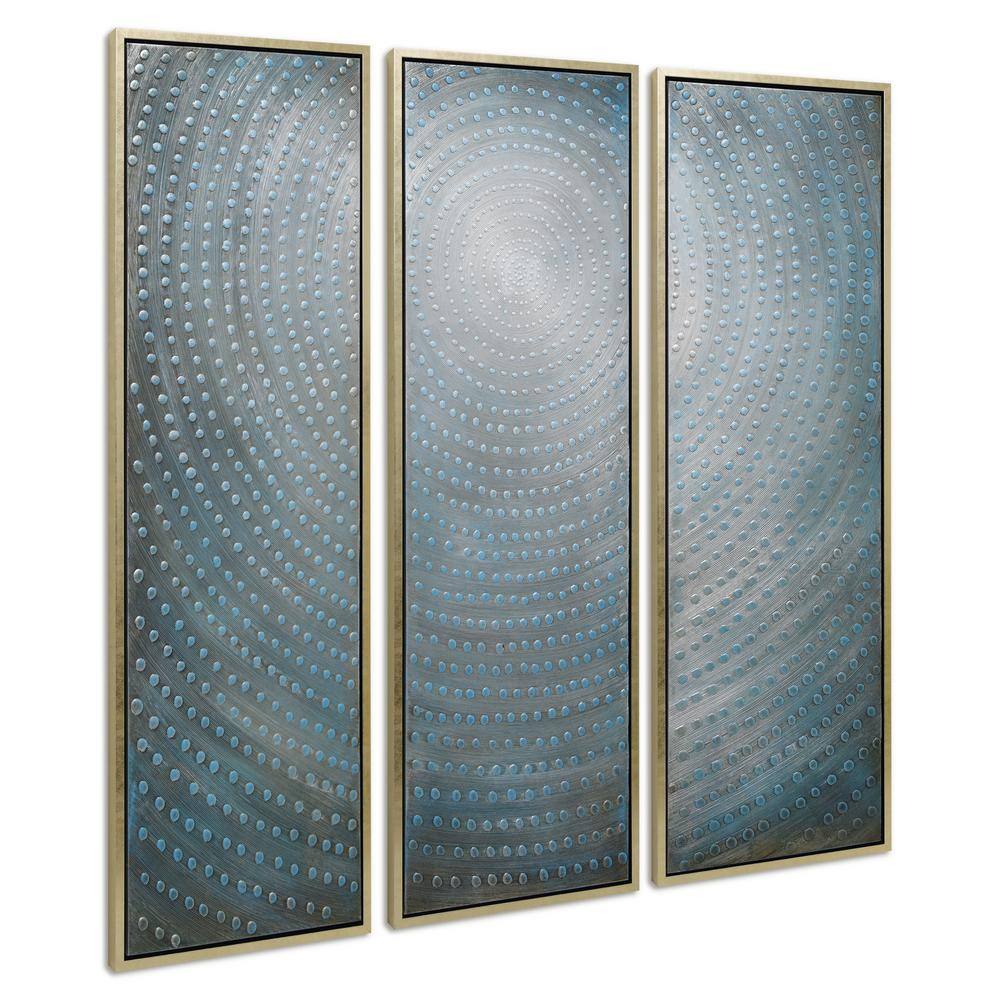 Concentric Blue and Silver Abstract Canvas Triptych, 60" x 60"