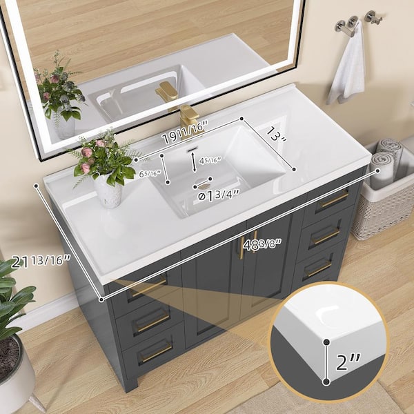 Eclipse 48 in. Freestanding dark Gray Bath Vanity with White Single Sink Solid Surface Top Solid Wood Cabinet Assembled