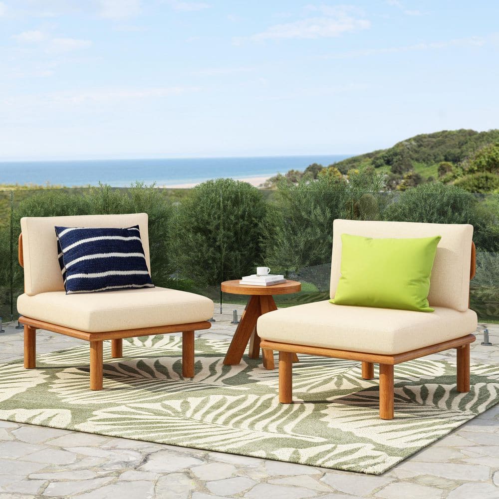 Gabriel Teak Finish Solid Wood Patio Outdoor Lounge Chair with Beige Cushions, Set of 2