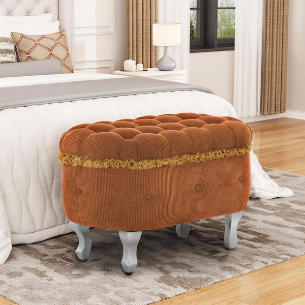 Ulbric French Glam Orange 29.5 in. Button Tufted Fabric Upholstered Storage Ottoman Bedroom Bench with Fringe