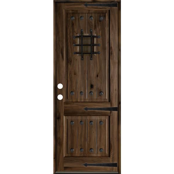 Krosswood Doors 30 in. x 96 in. Mediterranean Knotty Alder Right-Hand/Inswing Glass Speakeasy Black Stain Solid Wood Prehung Front Door