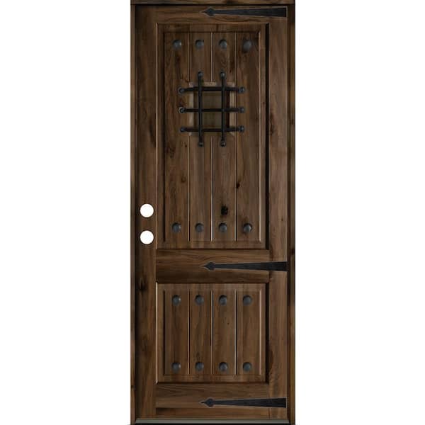 30 in. x 96 in. Mediterranean Knotty Alder Right-Hand/Inswing Glass Speakeasy Black Stain Solid Wood Prehung Front Door